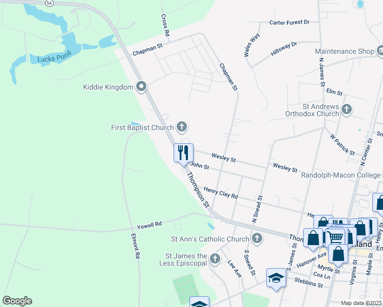 map of restaurants, bars, coffee shops, grocery stores, and more near 513 Wesley Street in Ashland