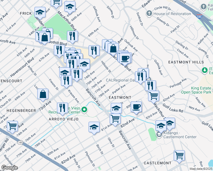 map of restaurants, bars, coffee shops, grocery stores, and more near 2644 77th Avenue in Oakland