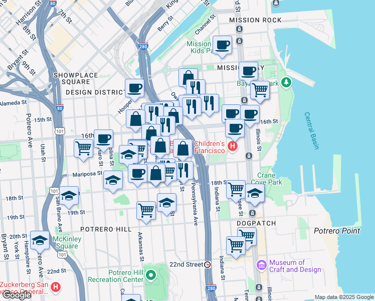 map of restaurants, bars, coffee shops, grocery stores, and more near 1001 17th Street in San Francisco