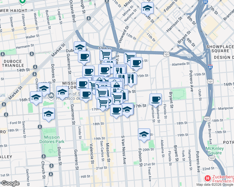 map of restaurants, bars, coffee shops, grocery stores, and more near 2911 16th St in San Francisco