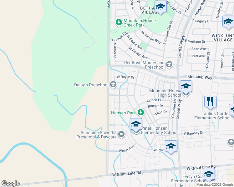 map of restaurants, bars, coffee shops, grocery stores, and more near 1070 South Atwood Court in Mountain House