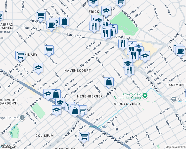 map of restaurants, bars, coffee shops, grocery stores, and more near 2079 Church Street in Oakland