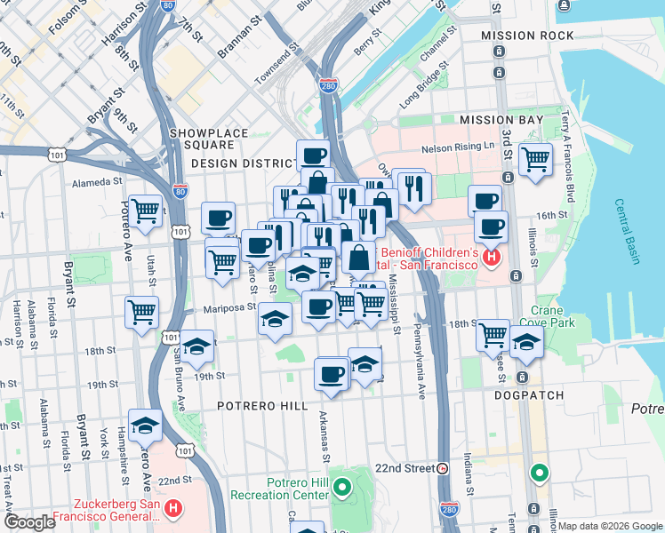 map of restaurants, bars, coffee shops, grocery stores, and more near 17th St & Connecticut St in San Francisco