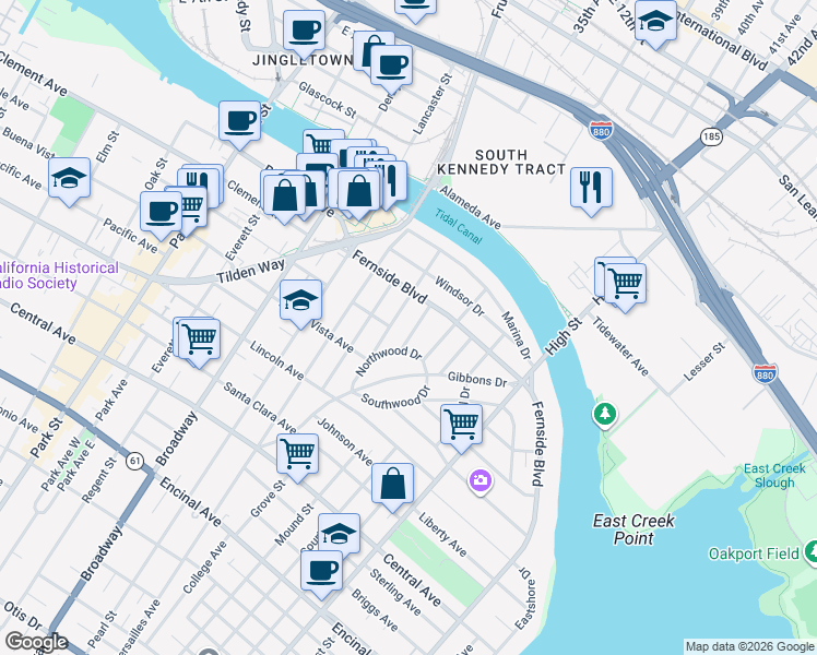 map of restaurants, bars, coffee shops, grocery stores, and more near 1821 Fremont Drive in Alameda