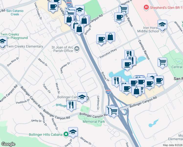 map of restaurants, bars, coffee shops, grocery stores, and more near 2485 Talavera Drive in San Ramon