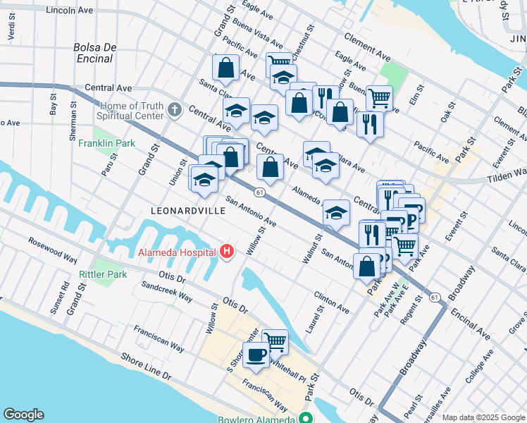 map of restaurants, bars, coffee shops, grocery stores, and more near 2063 San Antonio Avenue in Alameda