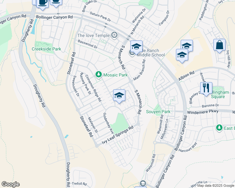 map of restaurants, bars, coffee shops, grocery stores, and more near 3021 Blackberry Avenue in San Ramon