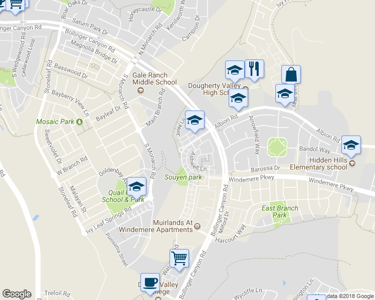 map of restaurants, bars, coffee shops, grocery stores, and more near 10019 Albion Road in San Ramon