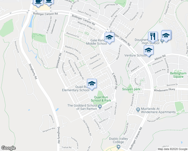 map of restaurants, bars, coffee shops, grocery stores, and more near 6207 Main Branch Road in San Ramon