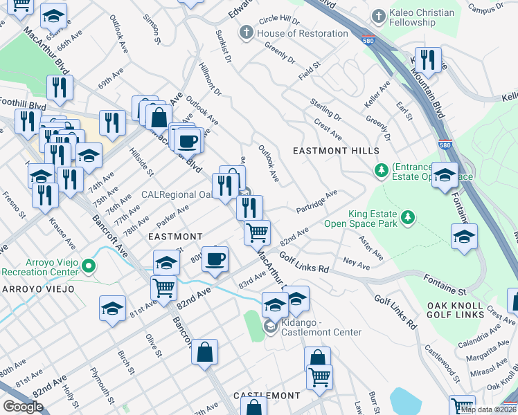 map of restaurants, bars, coffee shops, grocery stores, and more near 7950 Ney Avenue in Oakland