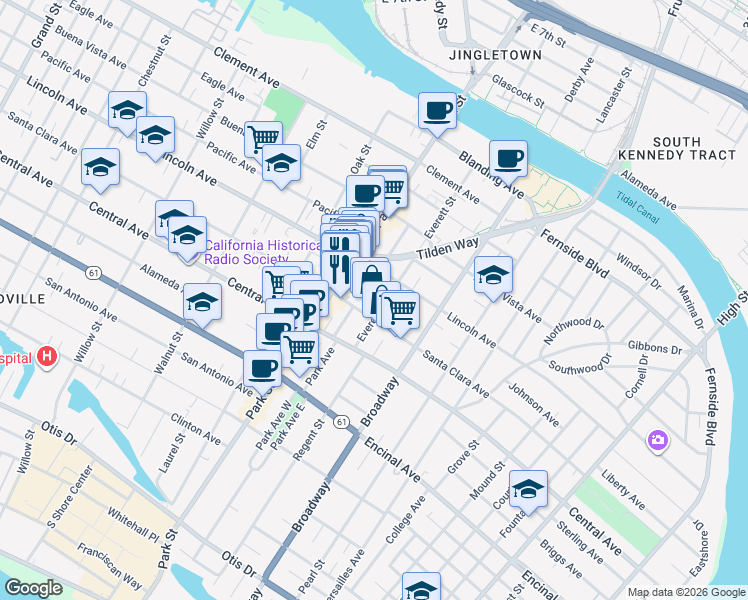 map of restaurants, bars, coffee shops, grocery stores, and more near 1537 Everett Street in Alameda