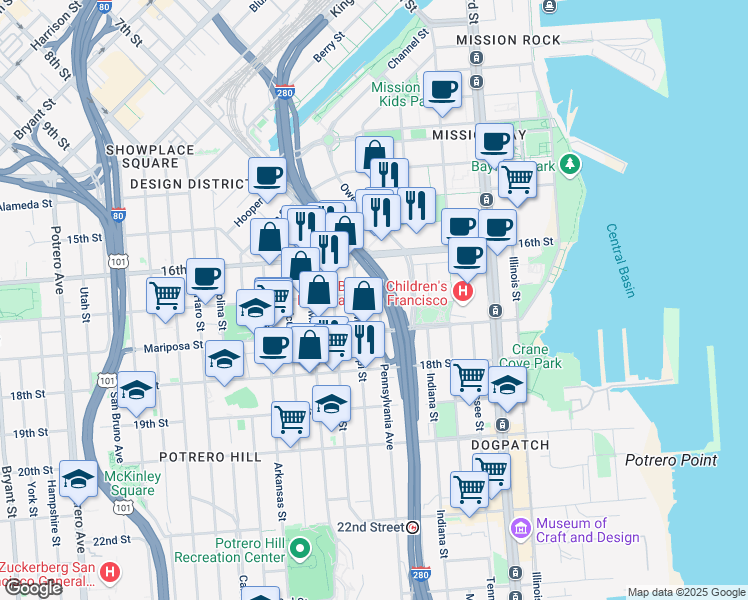 map of restaurants, bars, coffee shops, grocery stores, and more near 98 Pennsylvania Avenue in San Francisco