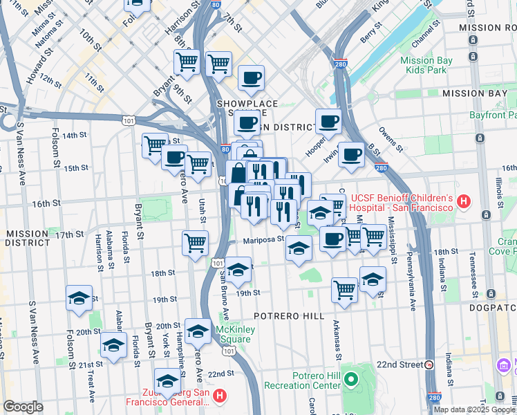 map of restaurants, bars, coffee shops, grocery stores, and more near 300 Rhode Island Street in San Francisco