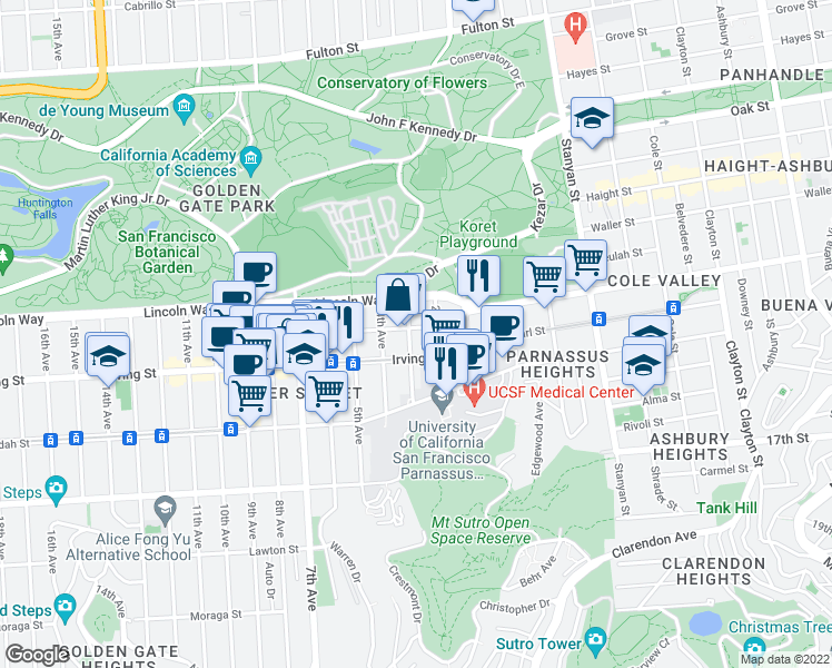 map of restaurants, bars, coffee shops, grocery stores, and more near 1242 3rd Avenue in San Francisco