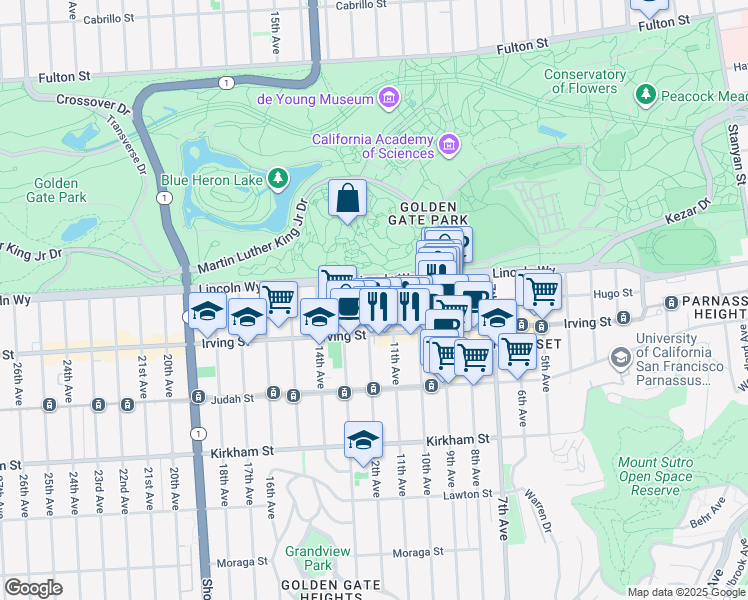 map of restaurants, bars, coffee shops, grocery stores, and more near 1019 Lincoln Way in San Francisco