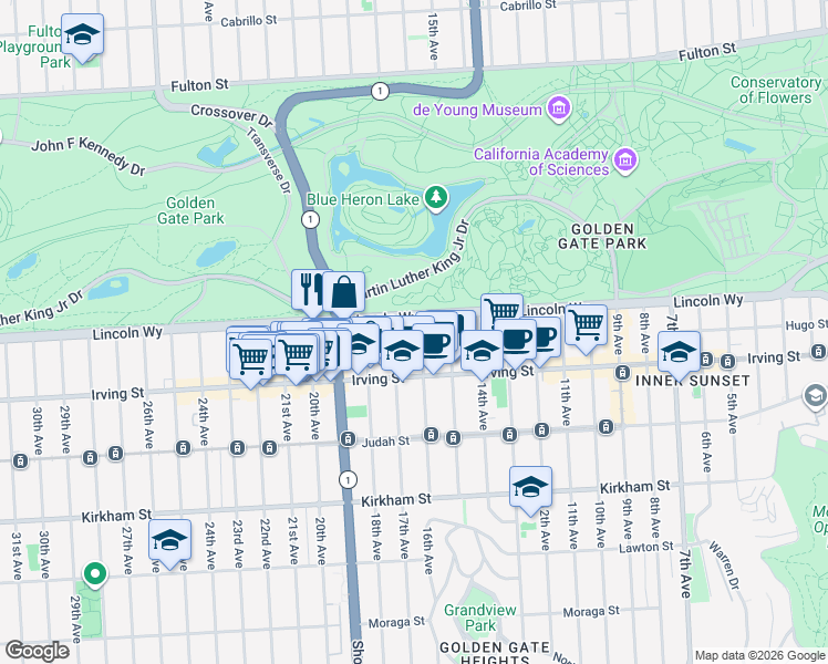 map of restaurants, bars, coffee shops, grocery stores, and more near 1200 17th Avenue in San Francisco