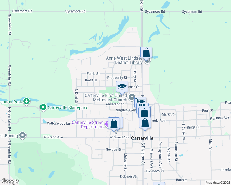 map of restaurants, bars, coffee shops, grocery stores, and more near 401-499 James Street in Carterville
