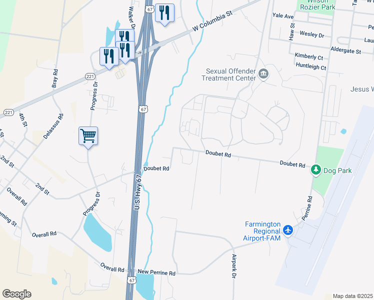 map of restaurants, bars, coffee shops, grocery stores, and more near 1601 Doubet Lane in Farmington