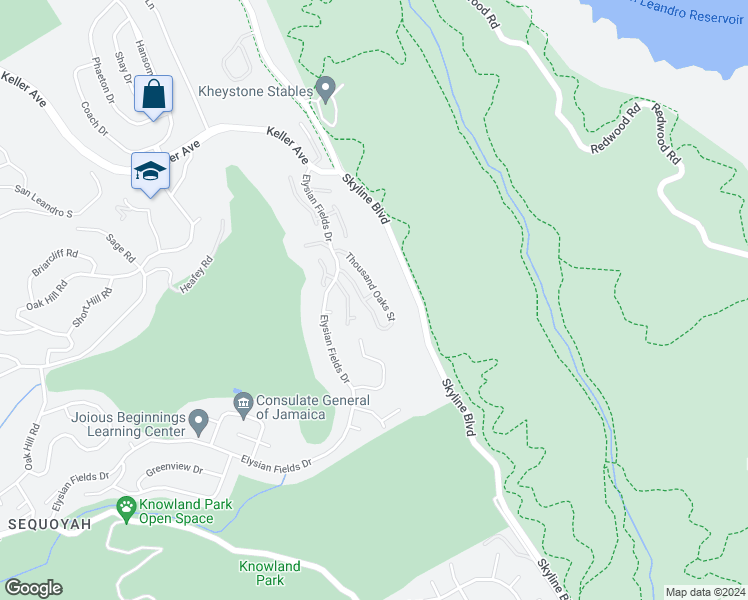 map of restaurants, bars, coffee shops, grocery stores, and more near 109 Thousand Oaks Street in Oakland