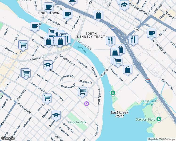 map of restaurants, bars, coffee shops, grocery stores, and more near 3026 Windsor Drive in Alameda