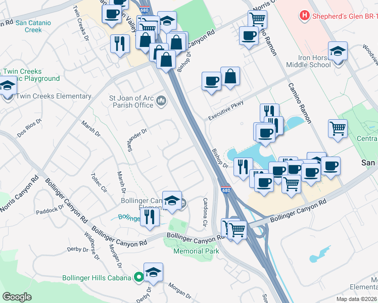 map of restaurants, bars, coffee shops, grocery stores, and more near 2478 Talavera Drive in San Ramon