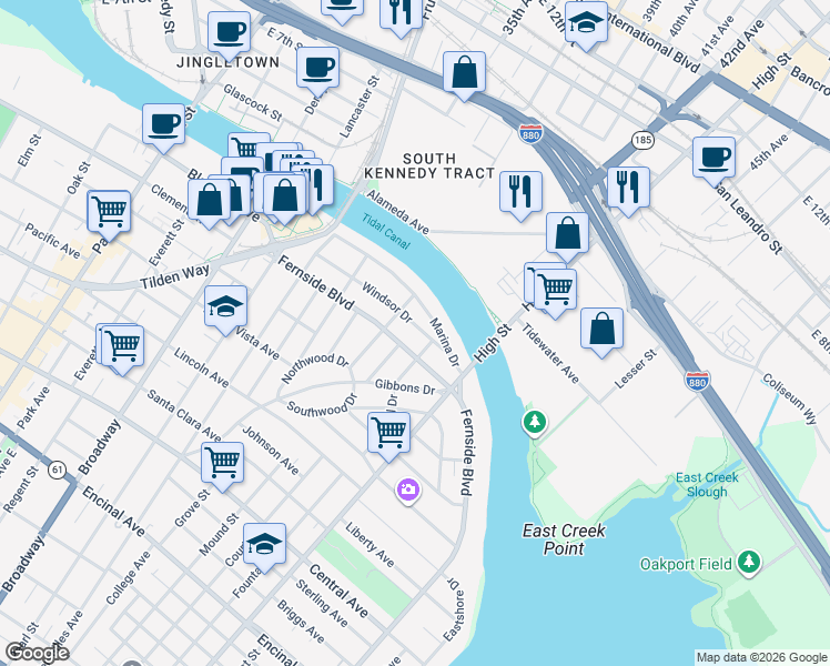 map of restaurants, bars, coffee shops, grocery stores, and more near 3026 Windsor Drive in Alameda