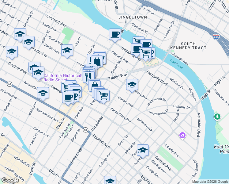 map of restaurants, bars, coffee shops, grocery stores, and more near in Alameda