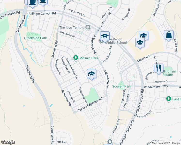 map of restaurants, bars, coffee shops, grocery stores, and more near 3021 Blackberry Avenue in San Ramon