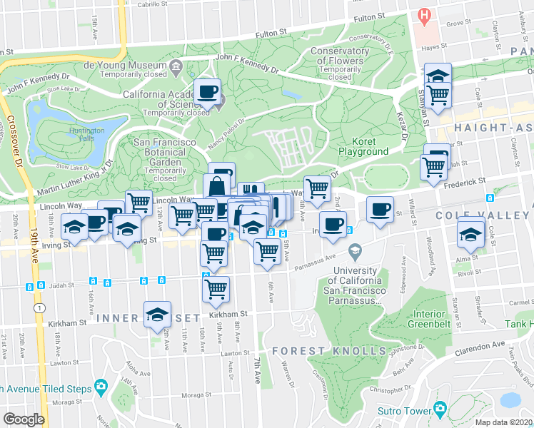 map of restaurants, bars, coffee shops, grocery stores, and more near 6th Ave & Hugo St in San Francisco