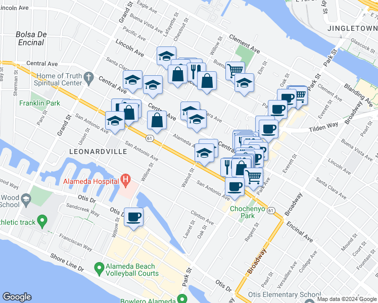 map of restaurants, bars, coffee shops, grocery stores, and more near 2152 Alameda Avenue in Alameda