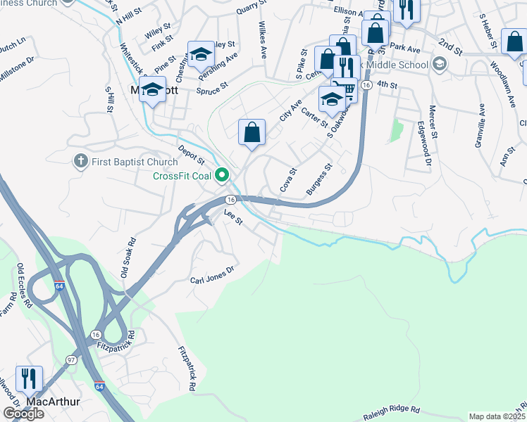 map of restaurants, bars, coffee shops, grocery stores, and more near 141 Frontier Street in Beckley