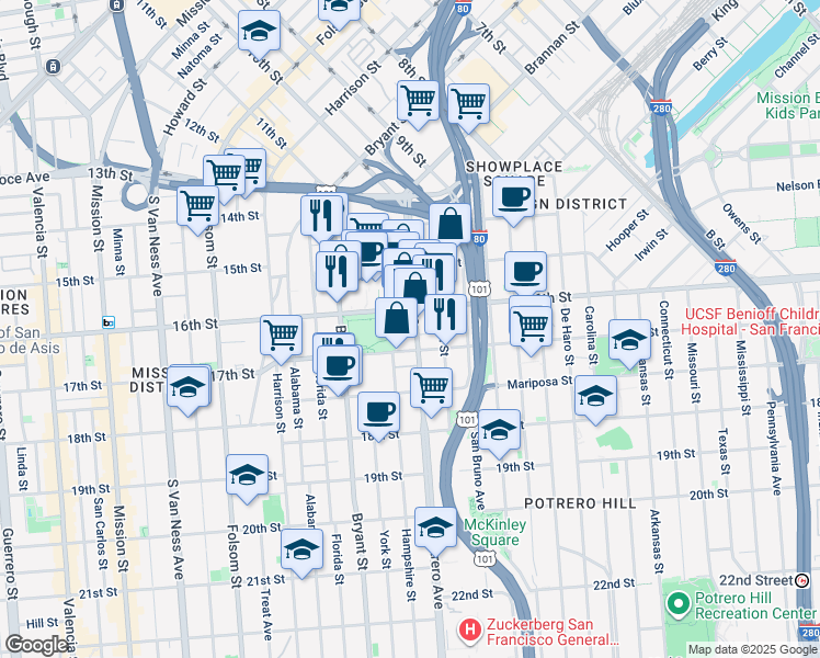 map of restaurants, bars, coffee shops, grocery stores, and more near in San Francisco