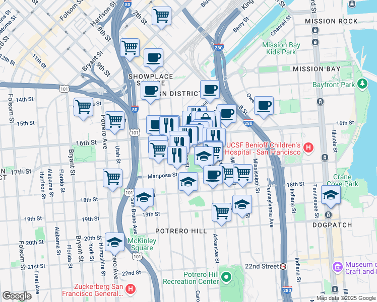 map of restaurants, bars, coffee shops, grocery stores, and more near 277 Carolina Street in San Francisco