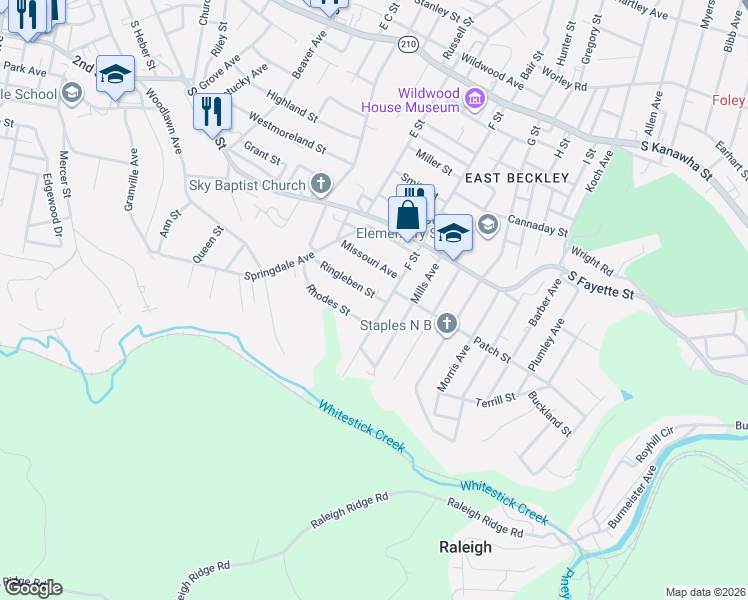 map of restaurants, bars, coffee shops, grocery stores, and more near 127 Ringleben Street in Beckley