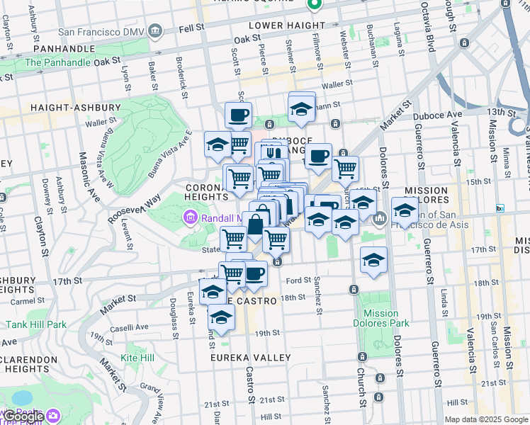 map of restaurants, bars, coffee shops, grocery stores, and more near 12 Beaver Street in San Francisco