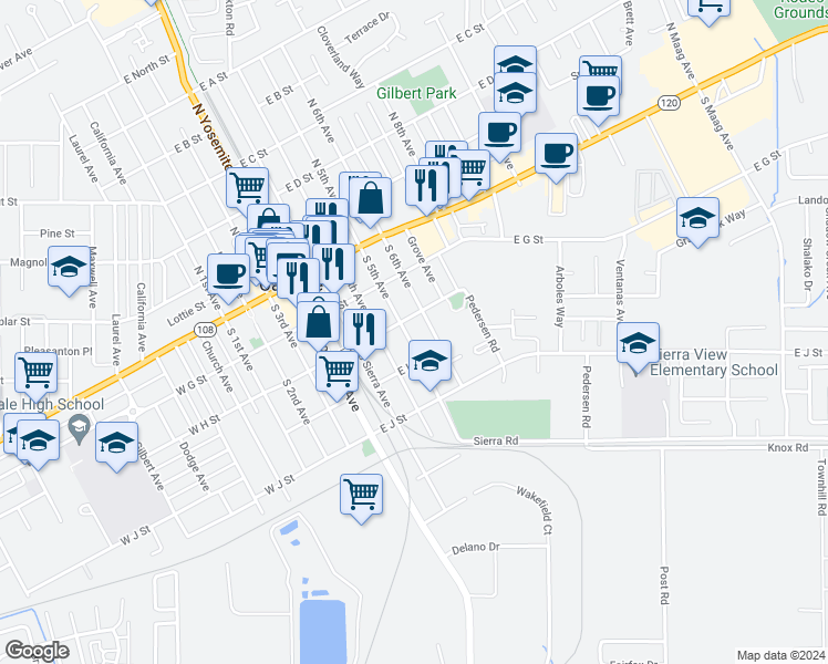 map of restaurants, bars, coffee shops, grocery stores, and more near 319 South 5th Avenue in Oakdale