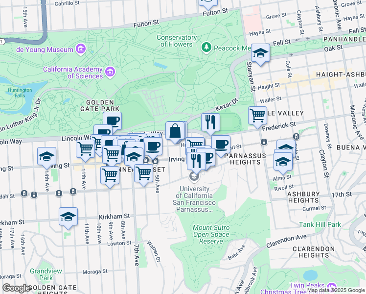 map of restaurants, bars, coffee shops, grocery stores, and more near 139 Hugo Street in San Francisco