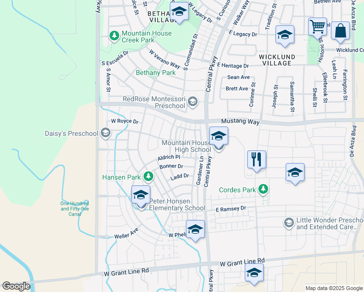 map of restaurants, bars, coffee shops, grocery stores, and more near 1025 South Fowler Lane in Tracy