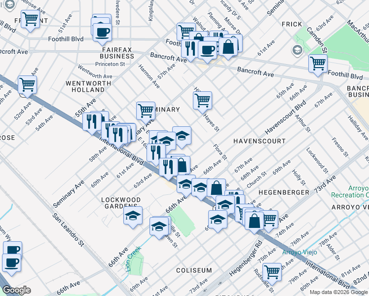map of restaurants, bars, coffee shops, grocery stores, and more near 6241 Bromley Avenue in Oakland