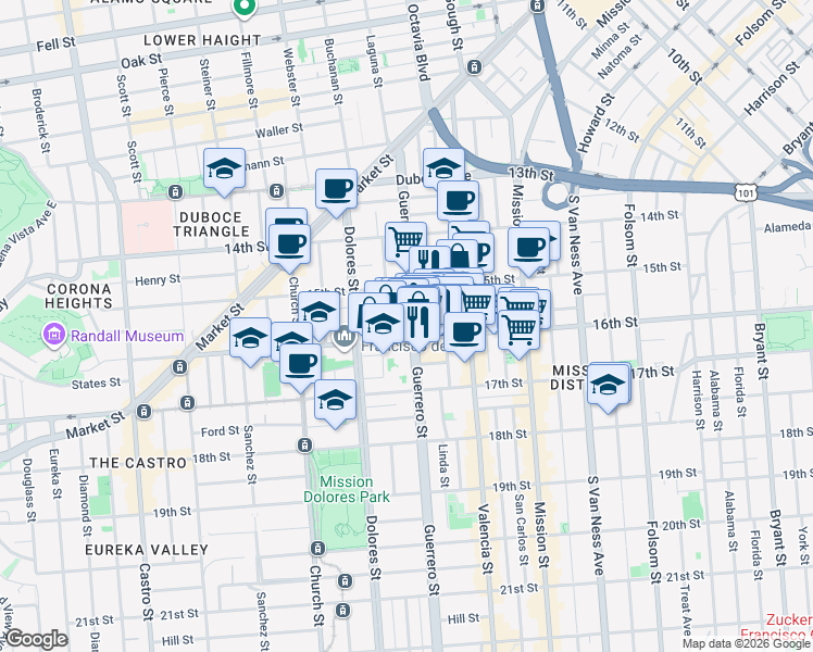 map of restaurants, bars, coffee shops, grocery stores, and more near 374 Guerrero Street in San Francisco