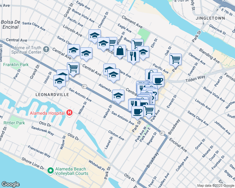 map of restaurants, bars, coffee shops, grocery stores, and more near Alameda Avenue & Walnut Street in Alameda