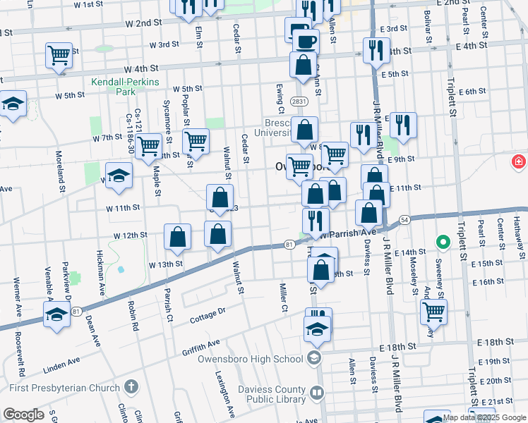 map of restaurants, bars, coffee shops, grocery stores, and more near 525 West 11th Street in Owensboro