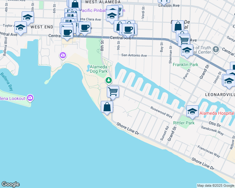 map of restaurants, bars, coffee shops, grocery stores, and more near 508 Westline Drive in Alameda