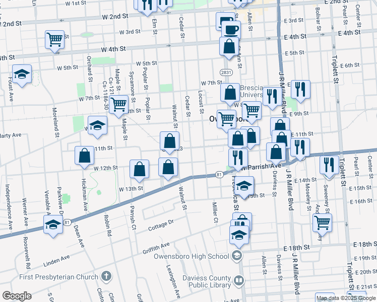 map of restaurants, bars, coffee shops, grocery stores, and more near 601-603 West 11th Street in Owensboro
