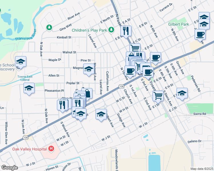 map of restaurants, bars, coffee shops, grocery stores, and more near 422 Poplar Street in Oakdale