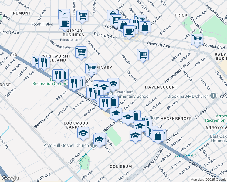 map of restaurants, bars, coffee shops, grocery stores, and more near 1754 62nd Avenue in Oakland