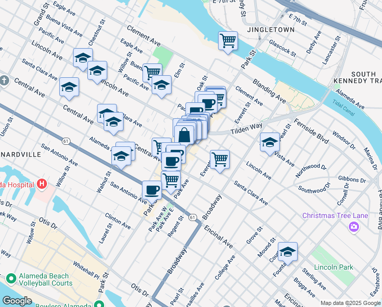 map of restaurants, bars, coffee shops, grocery stores, and more near 2414 Webb Avenue in Alameda