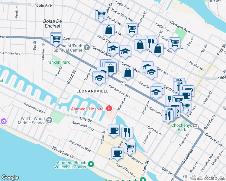 map of restaurants, bars, coffee shops, grocery stores, and more near 2033 San Antonio Avenue in Alameda