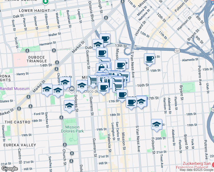 map of restaurants, bars, coffee shops, grocery stores, and more near in San Francisco