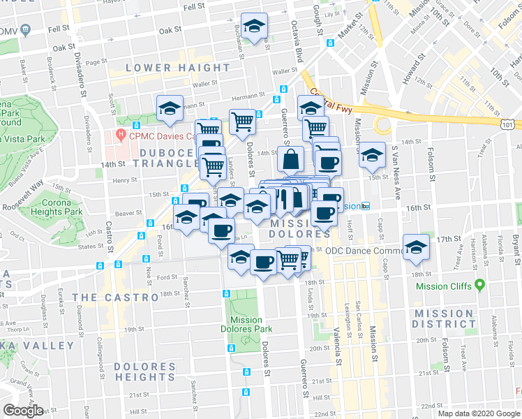 map of restaurants, bars, coffee shops, grocery stores, and more near 259 Dolores Street in San Francisco